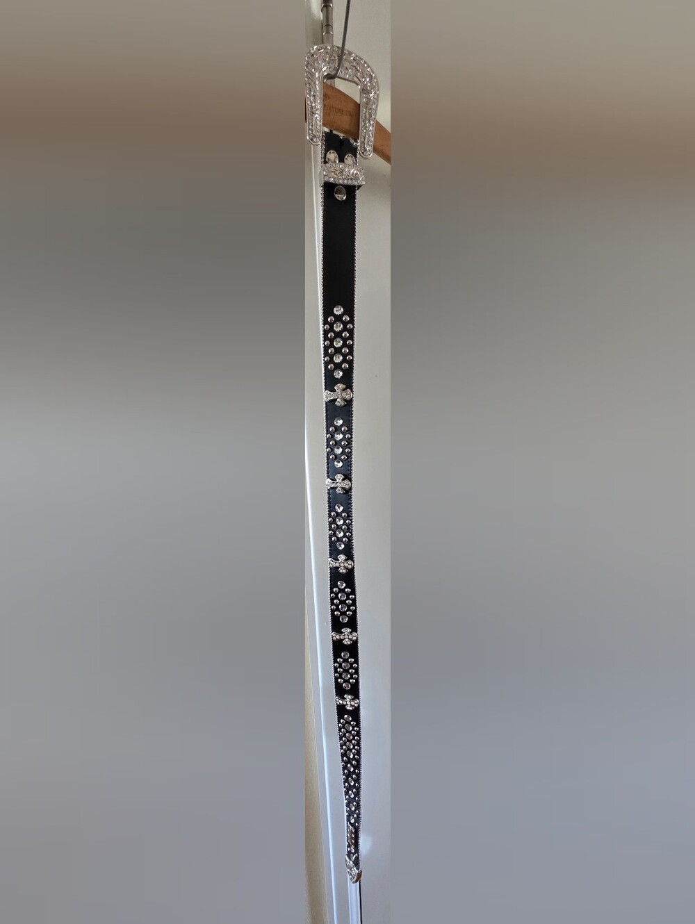 Embellished Black Leather Strap with Crystal Studs